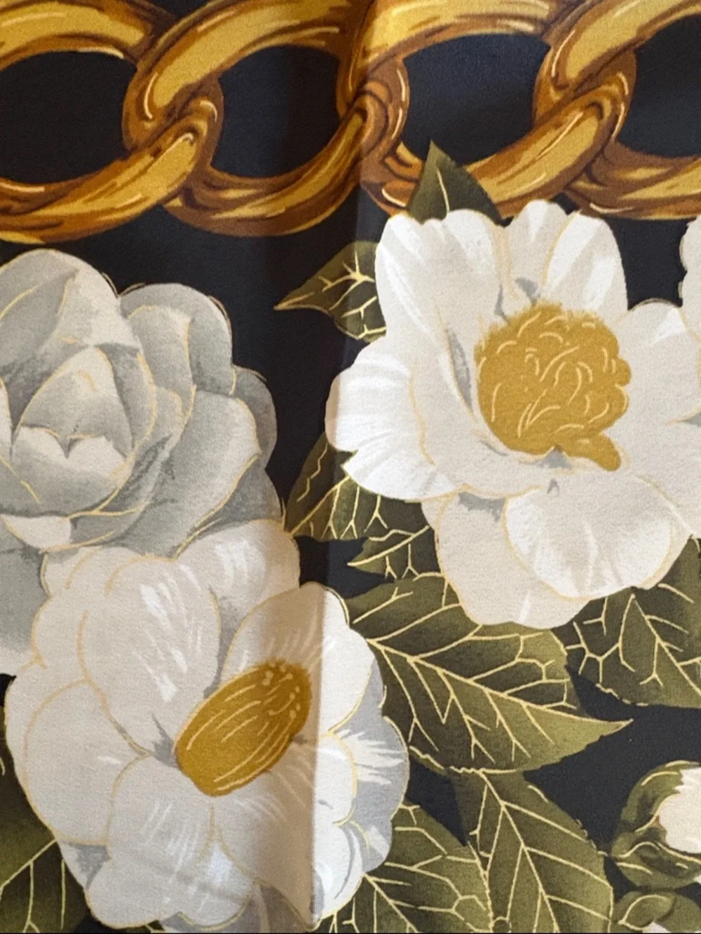 Vintage Chanel Camellia Print Silk Scarf. Black, Gold and White.